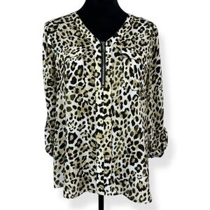 Cato Blouse Womens Small Cream Black Animal Print Top‎ 3/4 Roll Tab Sleeves